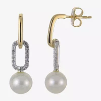 White Cultured Freshwater Pearl 14K Two Tone Gold Over Silver Paperclip Drop Earrings