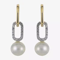 White Cultured Freshwater Pearl 14K Two Tone Gold Over Silver Paperclip Drop Earrings