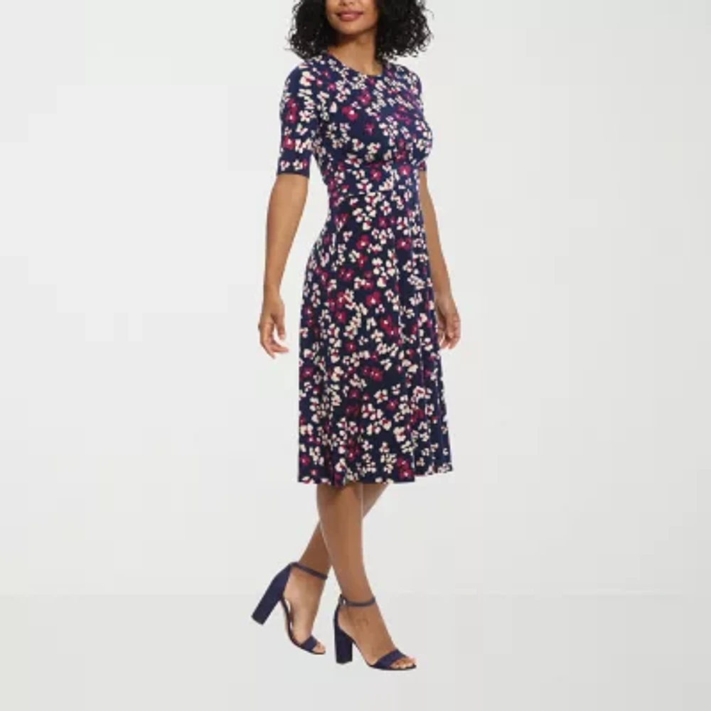 London Style Womens Short Sleeve Floral Fit + Flare Dress