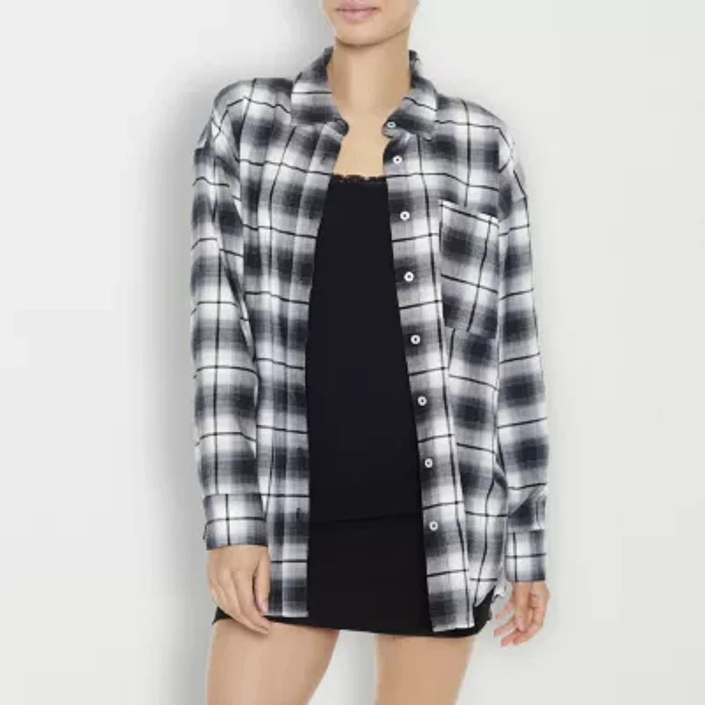 Forever 21 Juniors Oversized Plaid Lightweight Womens Long Sleeve Flannel Shirt