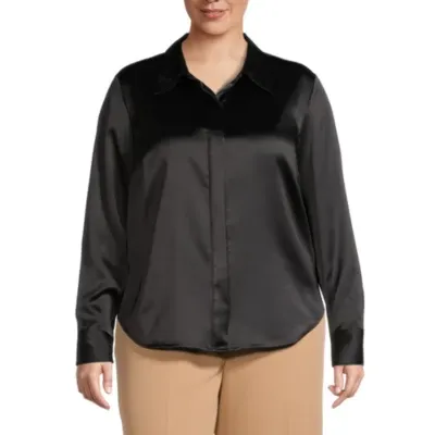 Worthington Plus Womens Long Sleeve Satin Blouse