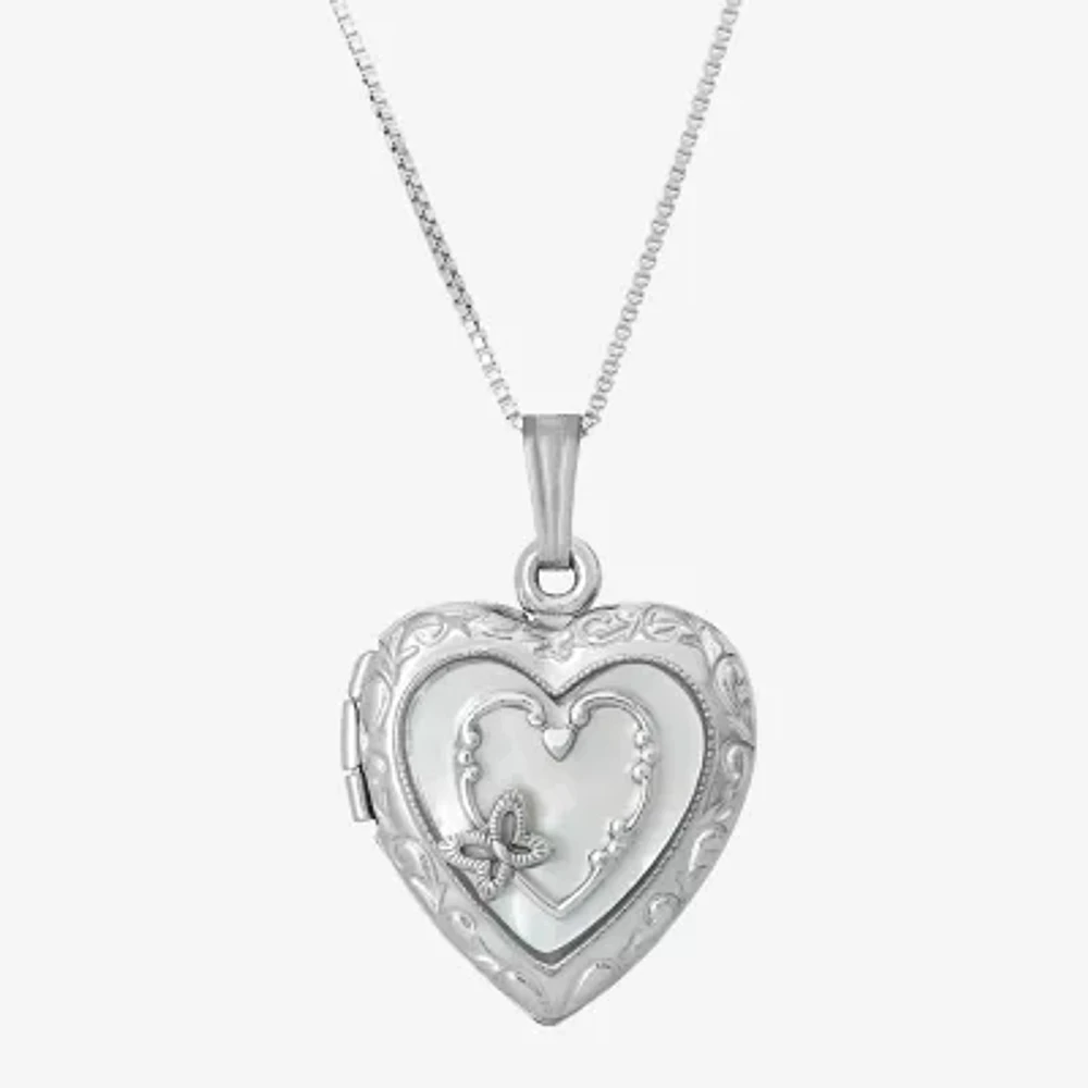 Womens White Sterling Silver Heart Locket Necklace