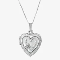 Womens White Sterling Silver Heart Locket Necklace