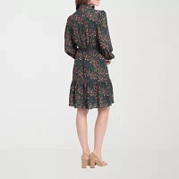 London Times Womens Long Sleeve Floral Fit + Flare Dress