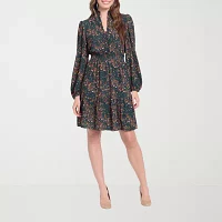 London Times Womens Long Sleeve Floral Fit + Flare Dress