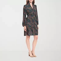 London Times Womens Long Sleeve Floral Fit + Flare Dress