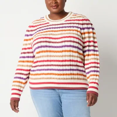 St. John's Bay Plus Womens Crew Neck Long Sleeve Striped Cable Knit Pullover Sweater