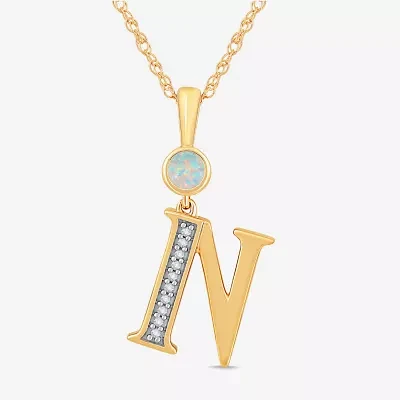 N" Womens Lab Created White Opal 14K Gold Over Silver Pendant Necklace