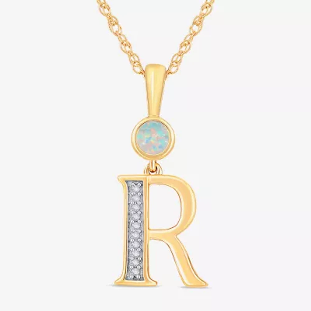 R" Womens Lab Created White Opal 14K Gold Over Silver Pendant Necklaces
