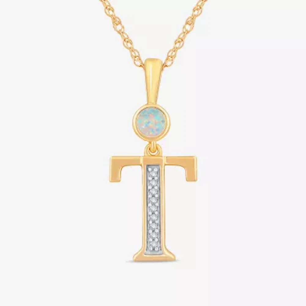 T" Womens Lab Created White Opal 14K Gold Over Silver 18 Inch Pendant Necklace
