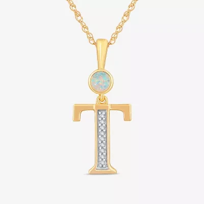 T" Womens Lab Created White Opal 14K Gold Over Silver 18 Inch Pendant Necklace