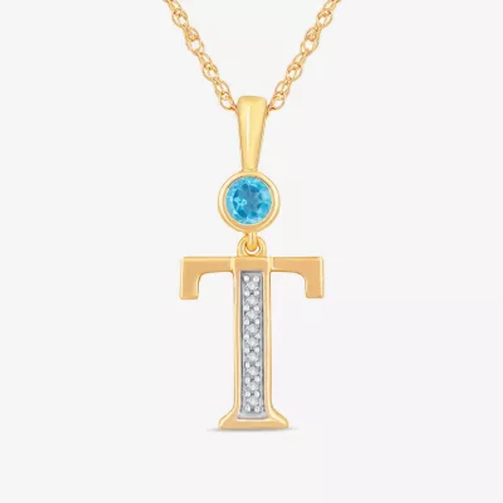 T" Womens Genuine Blue Topaz 14K Gold Over Silver Pendant Necklaces