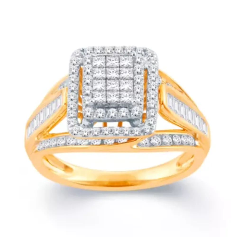 Womens 1 CT. T.W. Natural White Diamond 10K Gold Side Stone Halo Engagement Ring