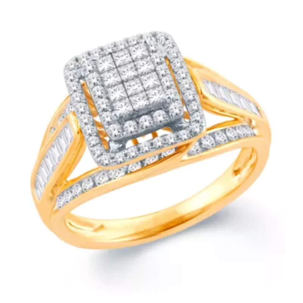 Womens 1 CT. T.W. Natural White Diamond 10K Gold Side Stone Halo Engagement Ring