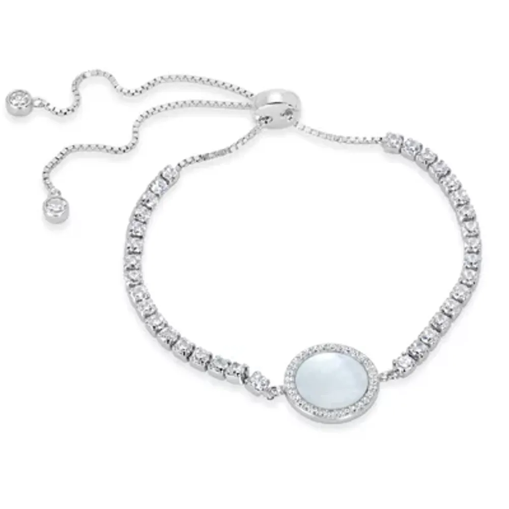 White Mother Of Pearl Sterling Silver Round Bolo Bracelet