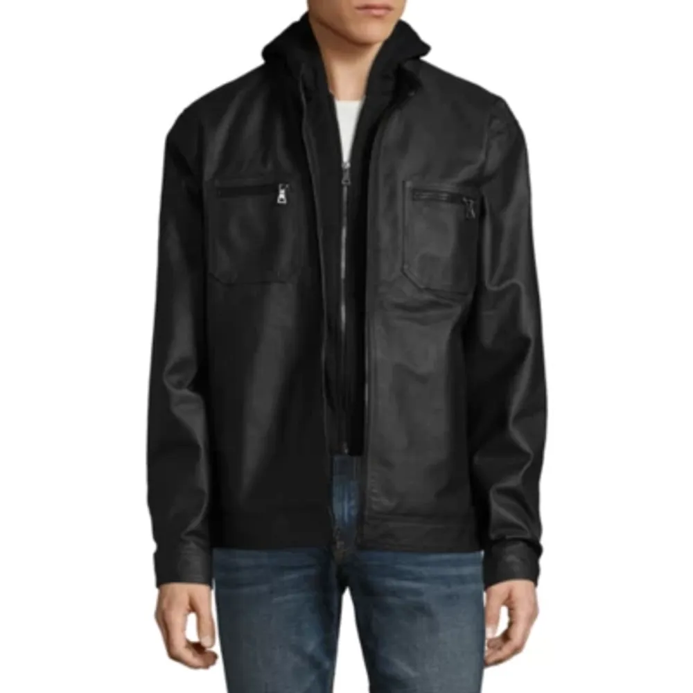 Vintage Leather Racing Jacket With Detachable Hood