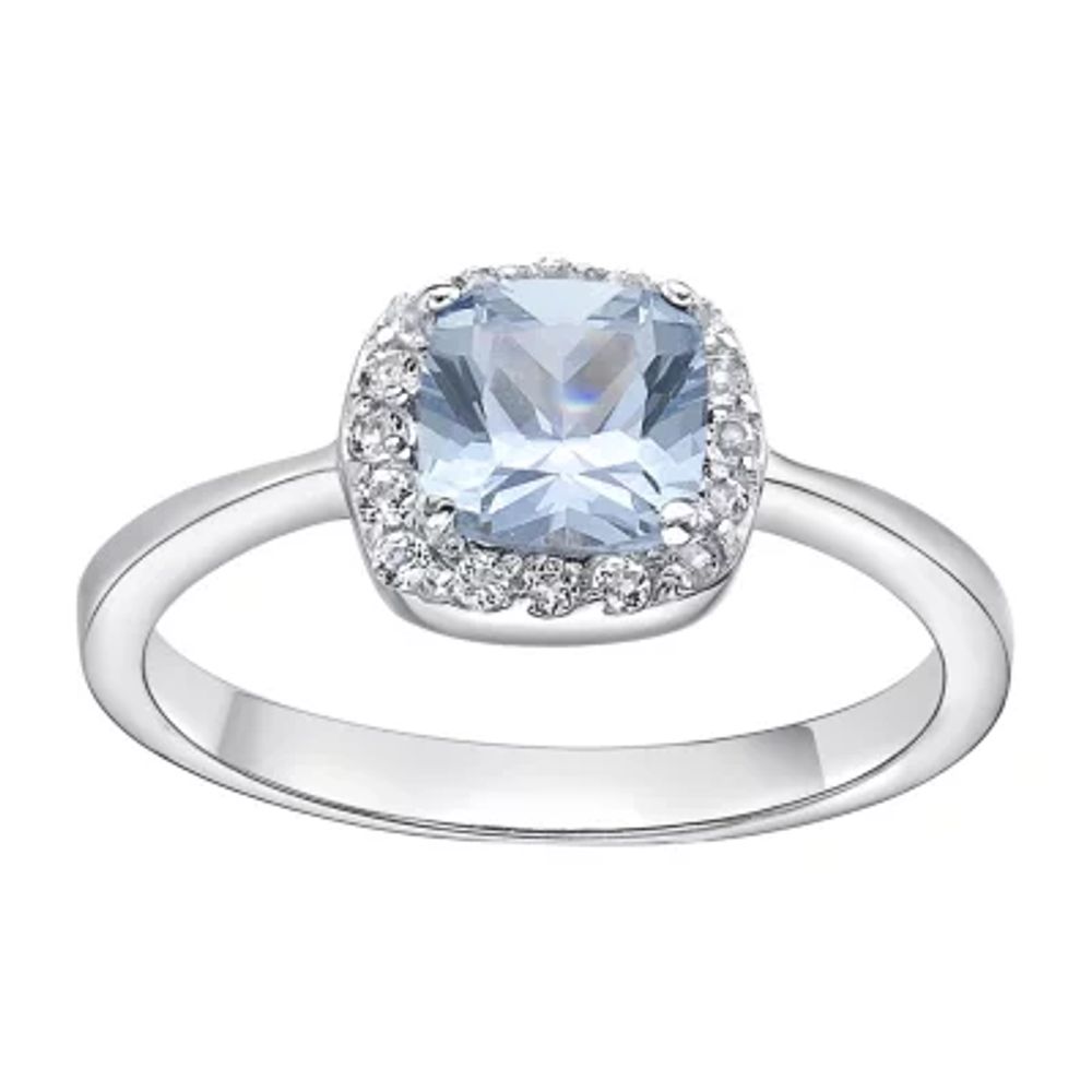 Cushion-Cut Simulated Aquamarine and Genuine White Topaz Sterling Silver Ring