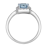 Cushion-Cut Simulated Aquamarine and Genuine White Topaz Sterling Silver Ring