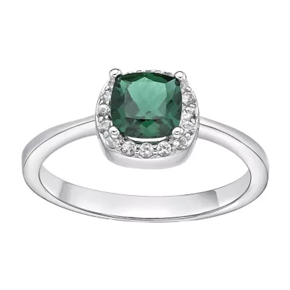 Cushion-Cut Lab-Created Emerald and Genuine White Topaz Sterling Silver Ring