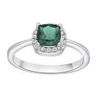 Cushion-Cut Lab-Created Emerald and Genuine White Topaz Sterling Silver Ring