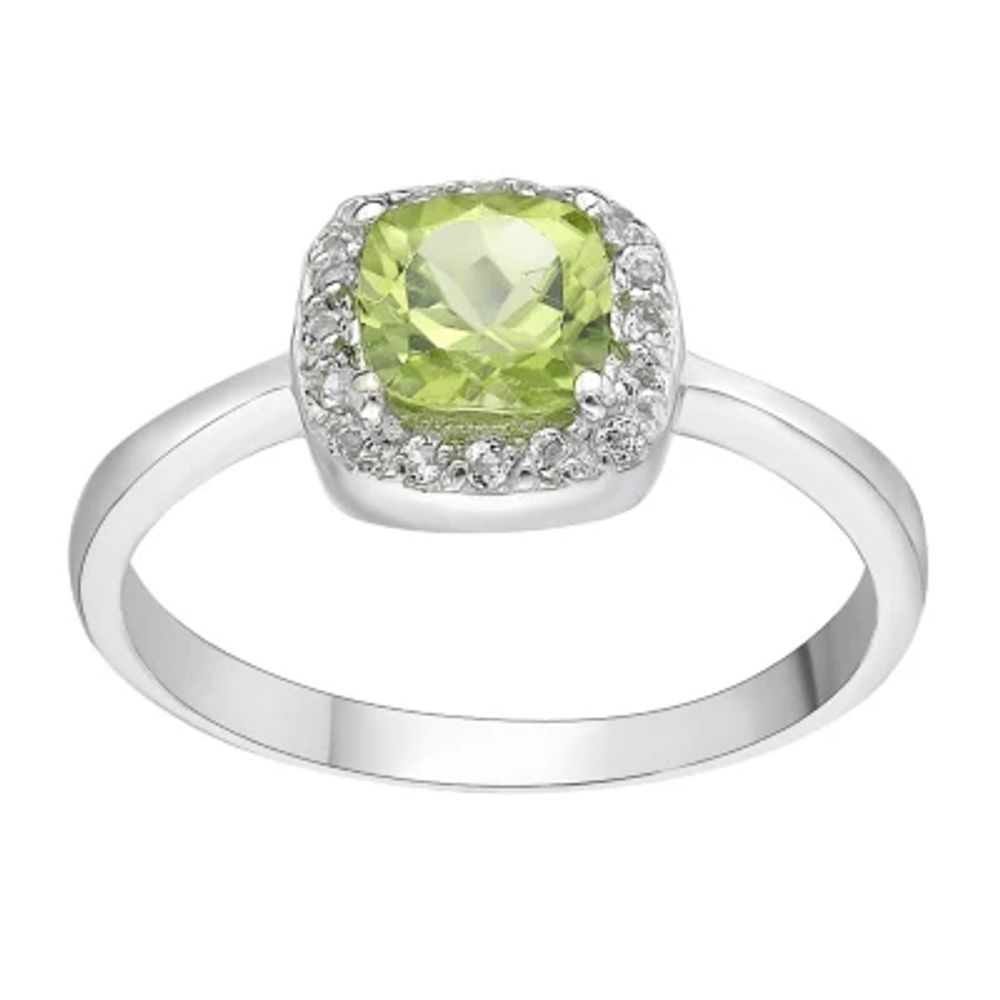 Cushion-Cut Genuine Peridot and White Topaz Sterling Silver Ring