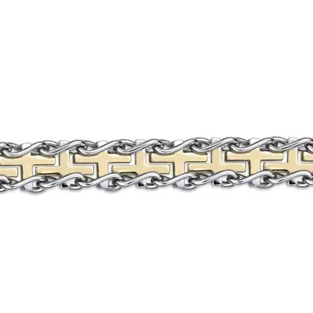 Mens Stainless Steel and Gold Ion Plated Cross Link Bracelet