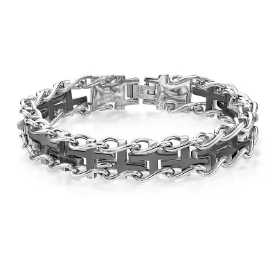 Mens Stainless Steel and Black Ion Plated Cross Link Bracelet