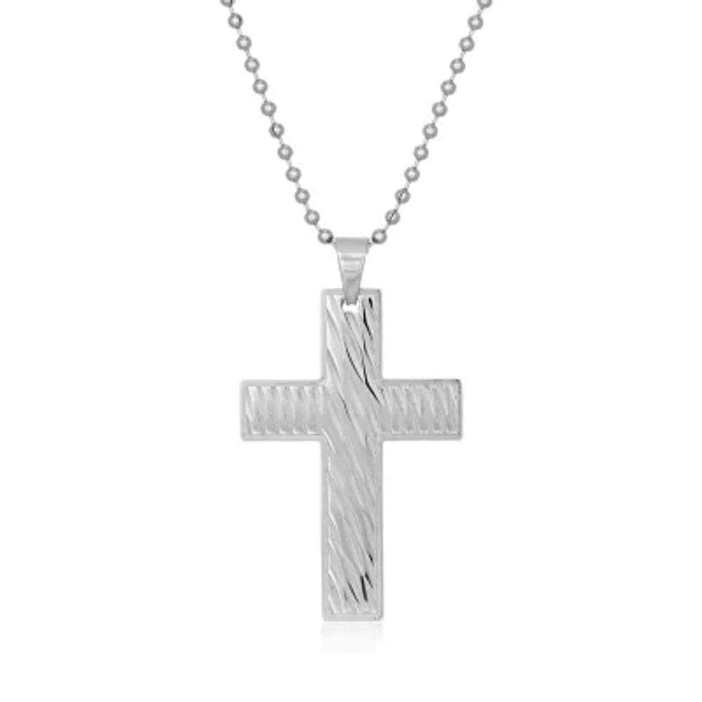 Mens Stainless Steel Textured Cross Pendant Necklace