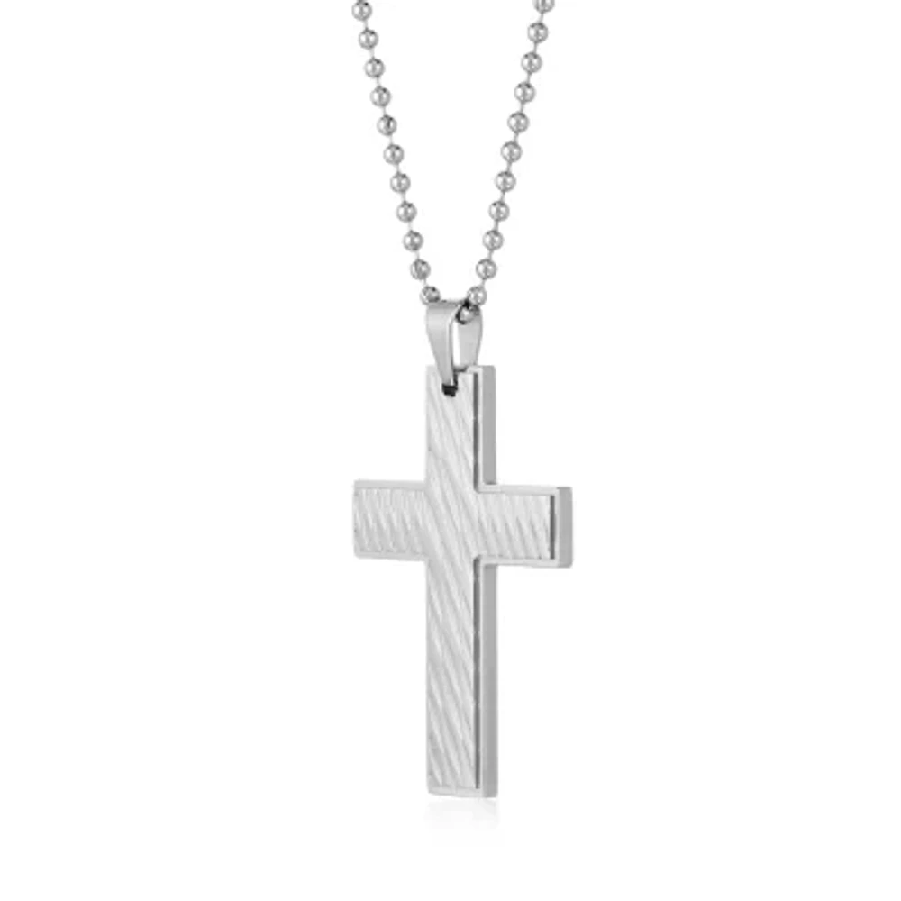 Mens Stainless Steel Textured Cross Pendant Necklace