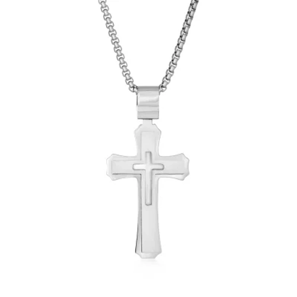 Mens Stainless Steel Triple Layer Cross Pendant Necklace