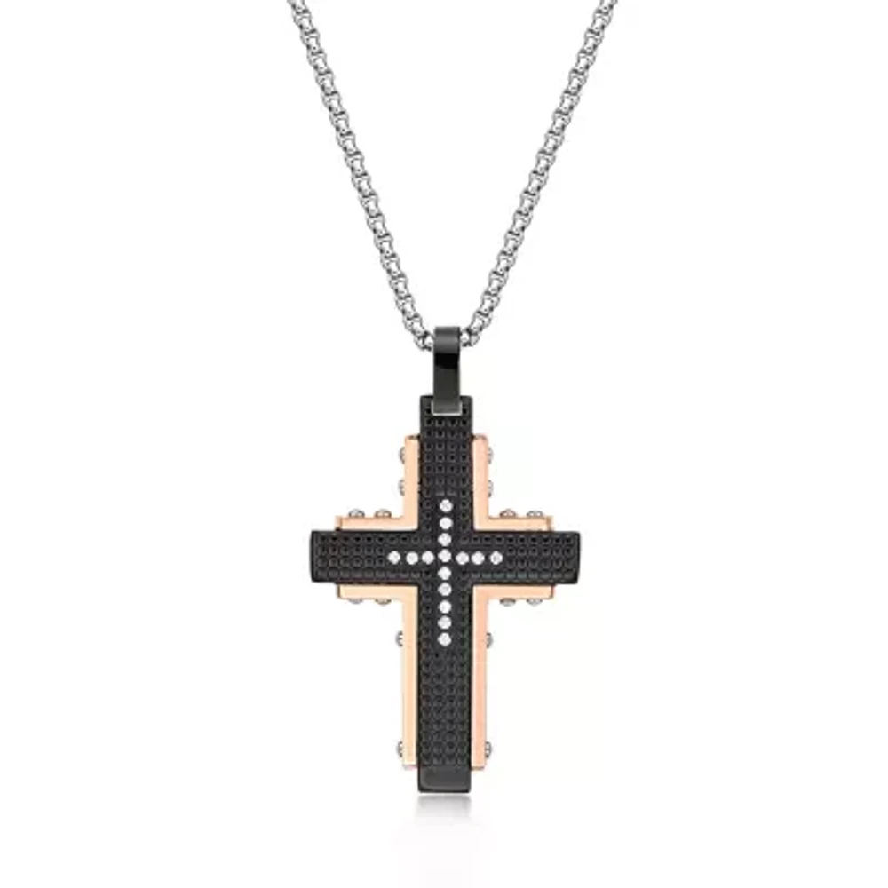 Mens Cubic Zirconia Black Stainless Steel and Rose IP Textured Cross Pendant Necklace