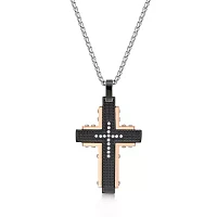 Mens Cubic Zirconia Black Stainless Steel and Rose IP Textured Cross Pendant Necklace