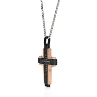 Mens Cubic Zirconia Black Stainless Steel and Rose IP Textured Cross Pendant Necklace