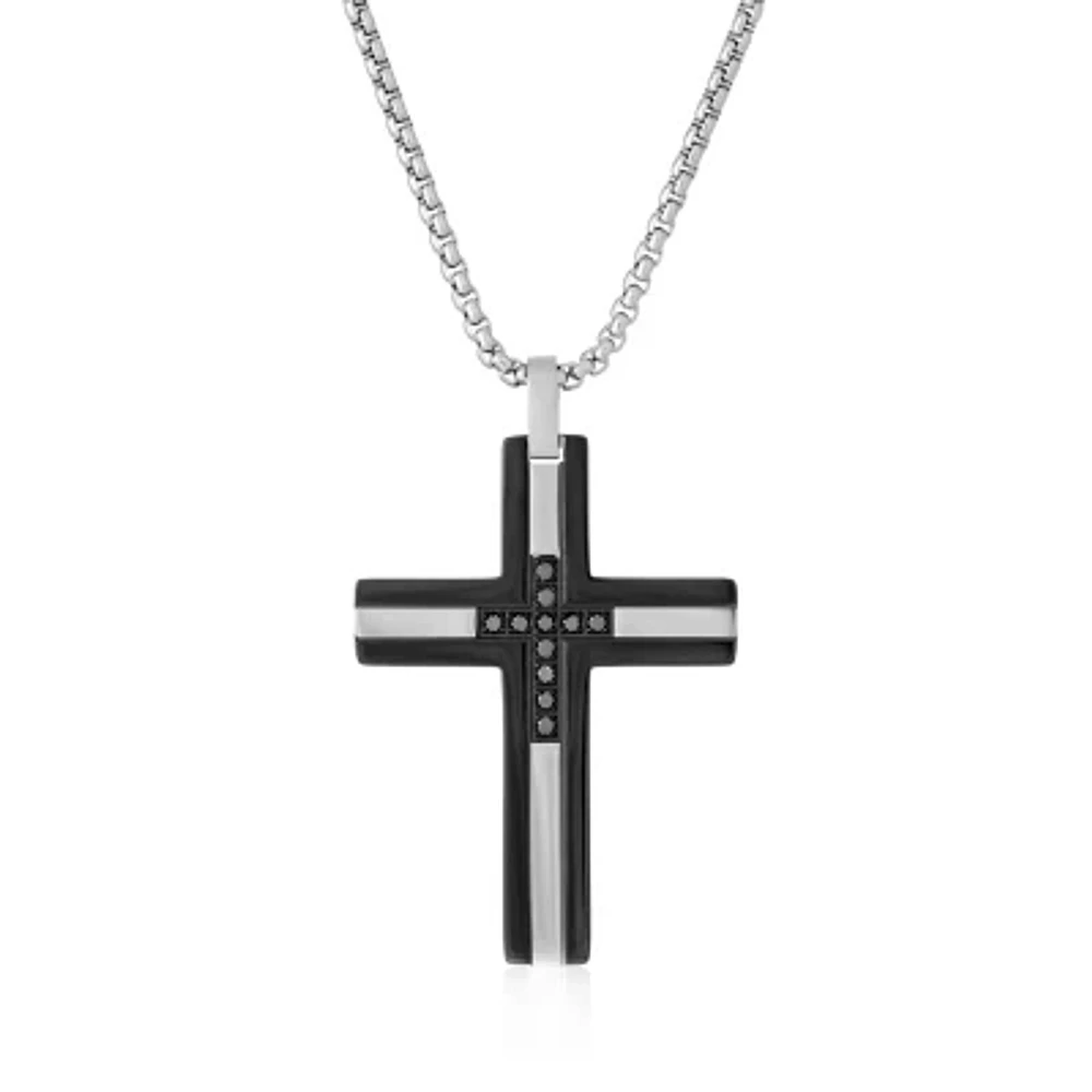 Mens 1/6 CT. T.W. Diamond Black Stainless Steel Cross Pendant Necklace