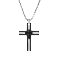 Mens 1/6 CT. T.W. Diamond Black Stainless Steel Cross Pendant Necklace