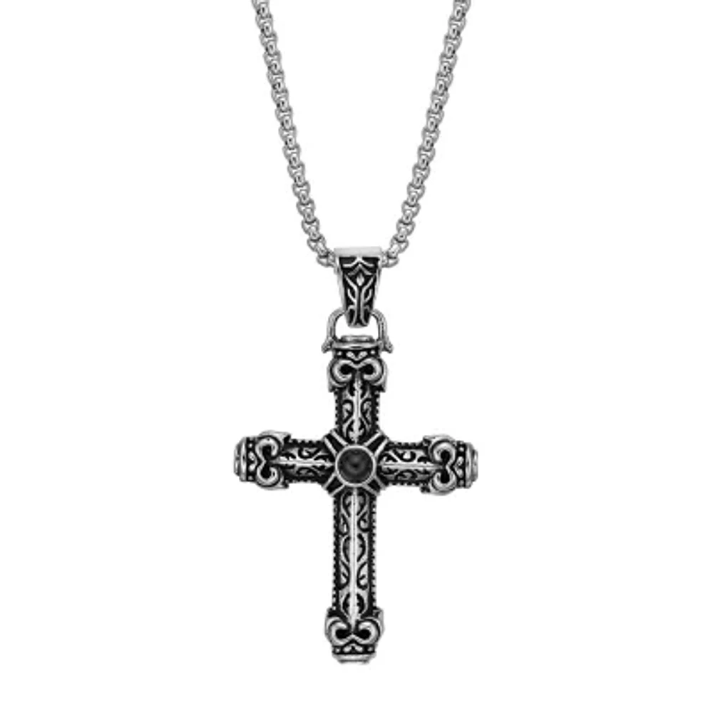 Mens Black Agate Two-Tone Stainless Steel Cross Pendant Necklace