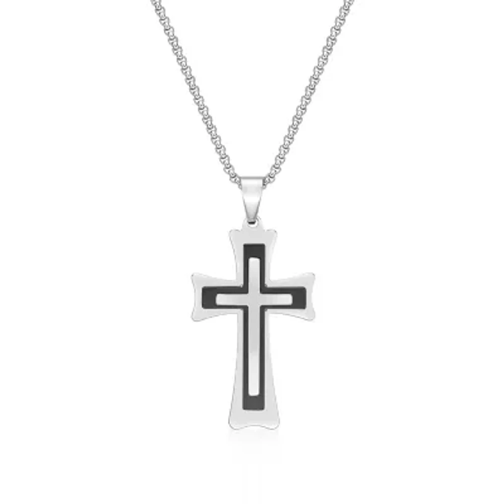 Mens Two-Tone Stainless Steel Triple Layer Cross Pendant