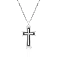 Mens Two-Tone Stainless Steel Triple Layer Cross Pendant