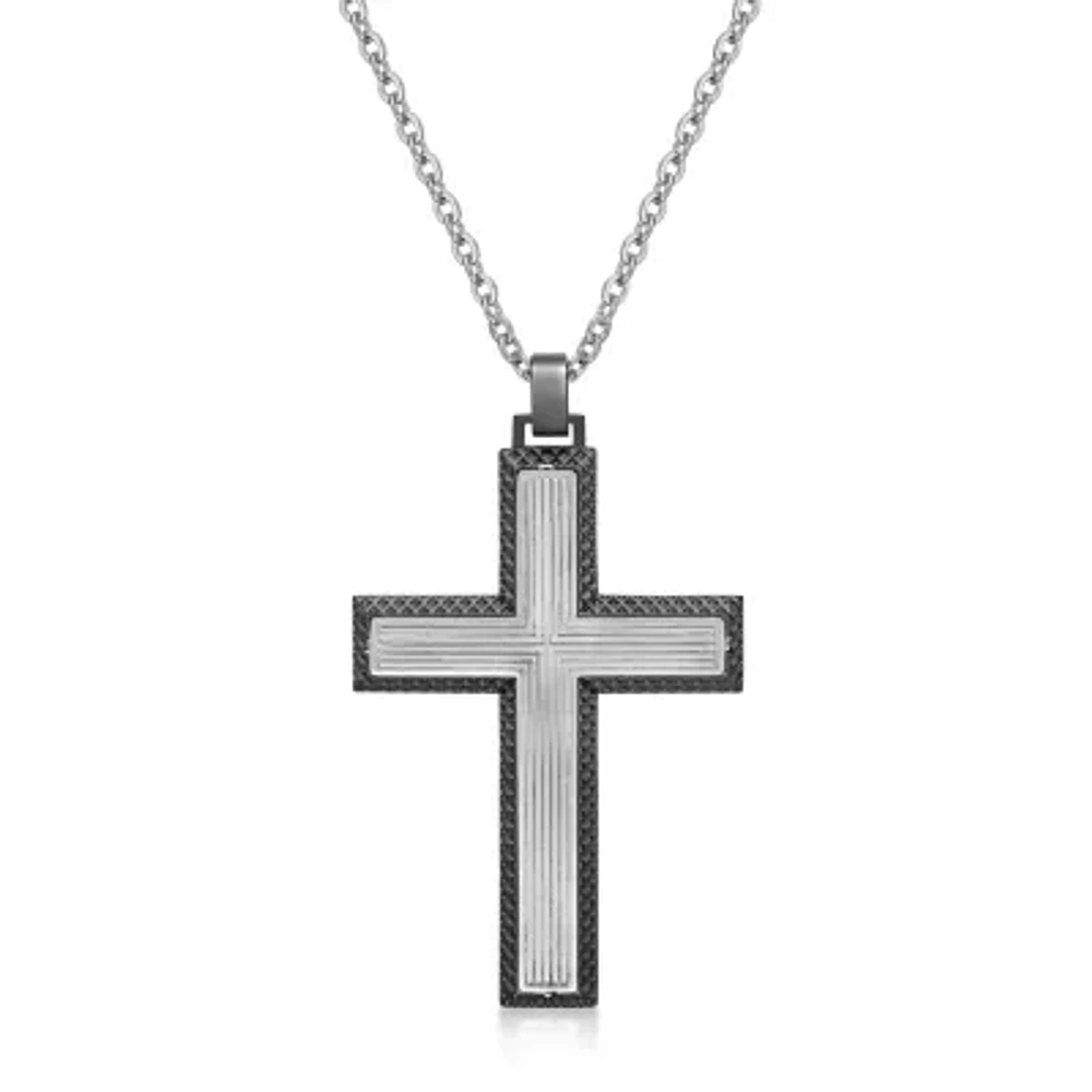 Mens Grey IP Stainless Steel Cross Pendant Necklace