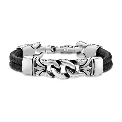 Mens Black Leather and Stainless Steel Chain Bracelet