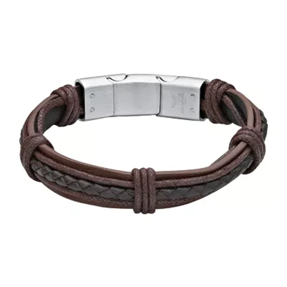 Mens Brown Leather Stainless Steel Bracelet