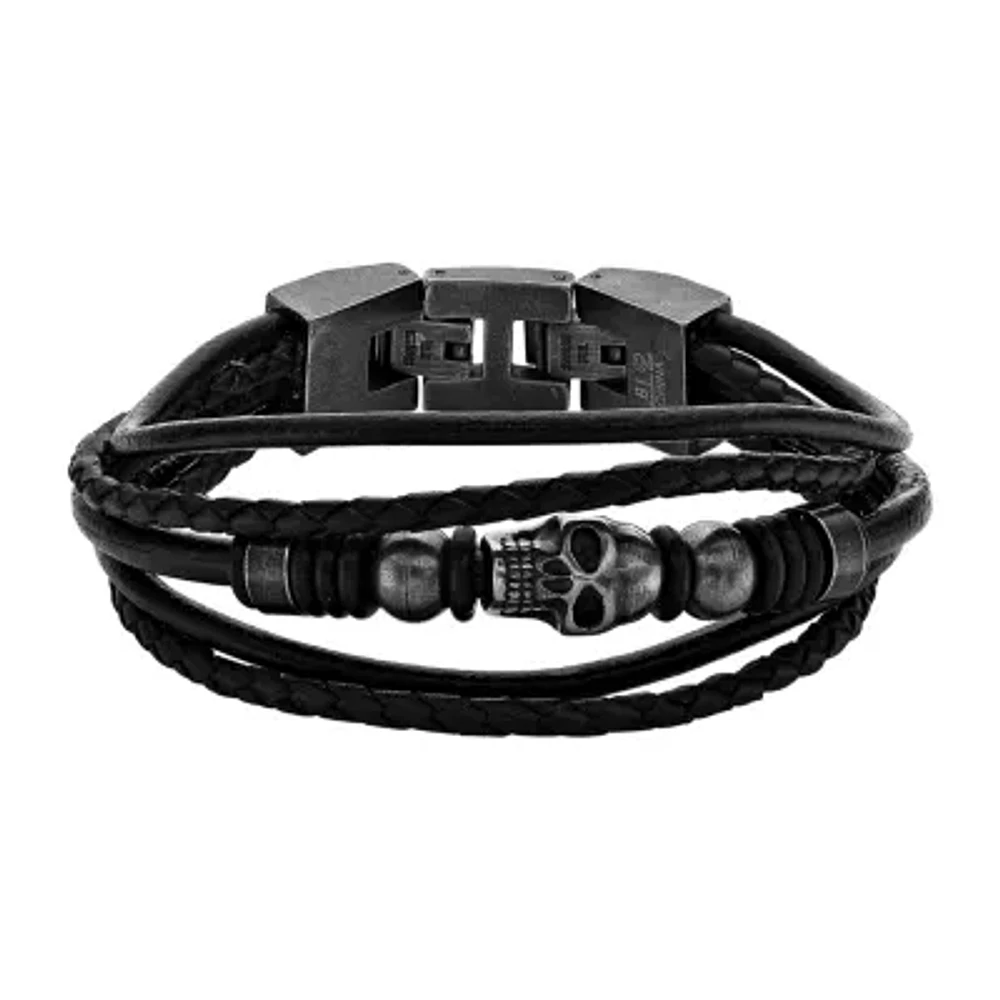 Mens Black Leather and Stainless Steel Skull Bracelet