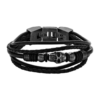 Mens Black Leather and Stainless Steel Skull Bracelet