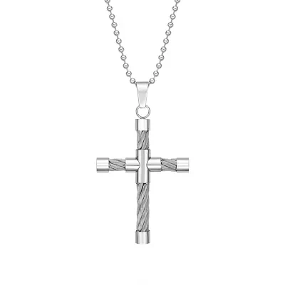 Mens Stainless Steel Cable Cross Pendant Necklace