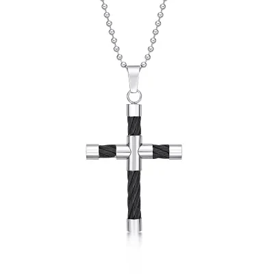 Mens Stainless Steel & Black IP Cable Cross Pendant Necklace