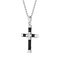 Mens Stainless Steel & Black IP Cable Cross Pendant Necklace