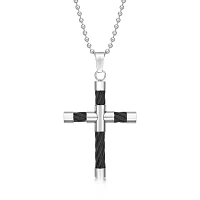 Mens Stainless Steel & Black IP Cable Cross Pendant Necklace