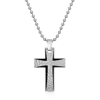 Mens Hammered Stainless Steel Cross Pendant Necklace