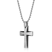Mens Hammered Stainless Steel Cross Pendant Necklace