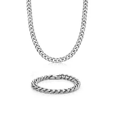 Mens Stainless Steel 12mm Chunky Curb Chain & Bracelet Boxed Set